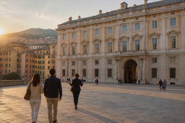 A private guide and a couple seen from behind walking across a pale paved square toward a vast neoclassical palace with a broad arched portal, Palazzo Ducale