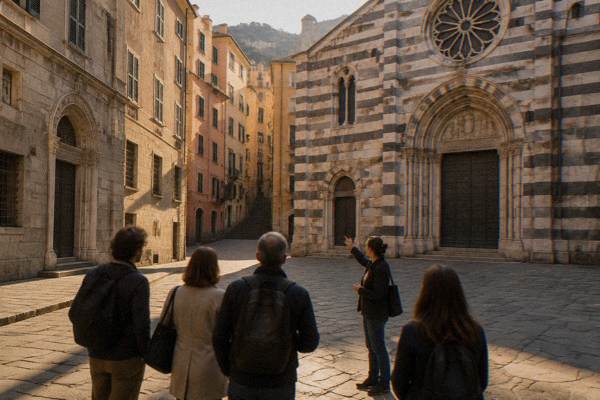 A guide gesturing toward a church front of striped stone while a small group stands back on a quiet medieval square, Piazza San Matteo