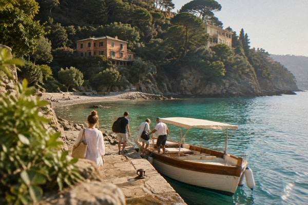 Visitors stepping from a small boat onto a stone quay in a sheltered cove of clear turquoise water below green wooded hills, Paraggi Bay