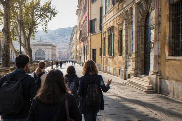 A guide and a small group seen from behind in a long straight street lined with grand palaces and heavy stone portals, Via Balbi