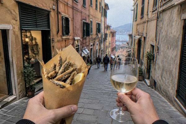 Hands holding a paper cone of fried anchovies and a small glass of white wine in a narrow old-town alley, only hands in the frame, Via del Campo