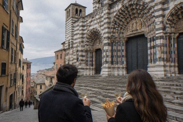 Two visitors seen from behind holding small glasses of white wine and a paper cone of fried seafood on the steps of a striped black and white stone cathedral, Genoa Cathedral