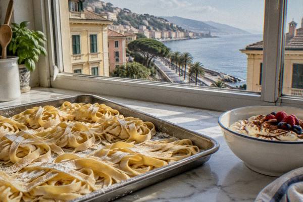 A tray of freshly cut pasta ribbons dusted with flour on a worktop beside a bowl of cream dessert in a bright kitchen, no faces, Foce and Albaro