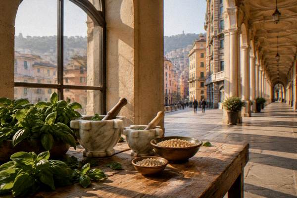 A wooden table set with marble mortars, basil bunches and bowls of pine nuts under a high arched window, nobody in frame, Via XX Settembre