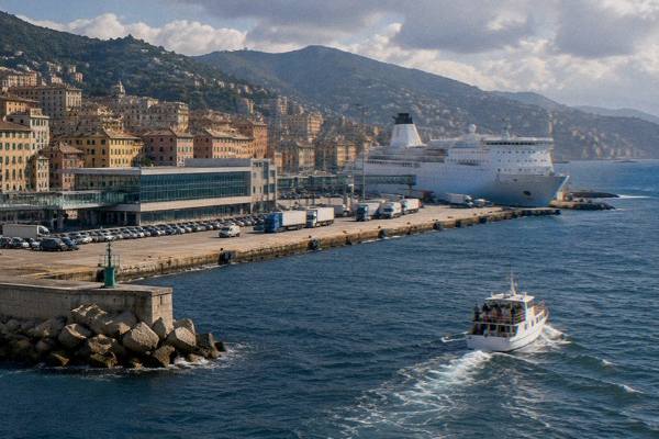 A small white excursion boat with a few passengers at the rail heading out over open dark blue sea from a harbour breakwater, Genoa Ferry Terminal