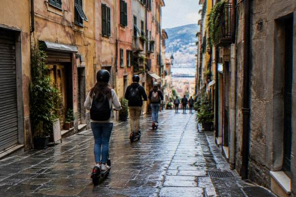 A small group on two-wheeled standing electric scooters with helmets rolling along a wide stretch of a narrow old-town alley, seen from behind, Via del Campo