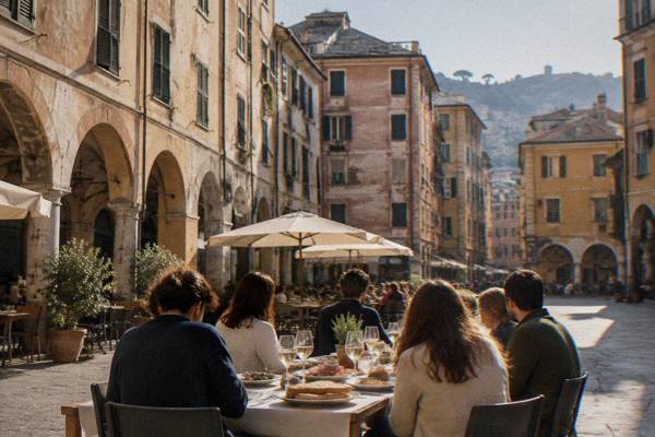 A small group seated round a long table on a pedestrian square set with plates of focaccia, cured meats and glasses of white wine, seen from behind, no faces, Piazza delle Erbe