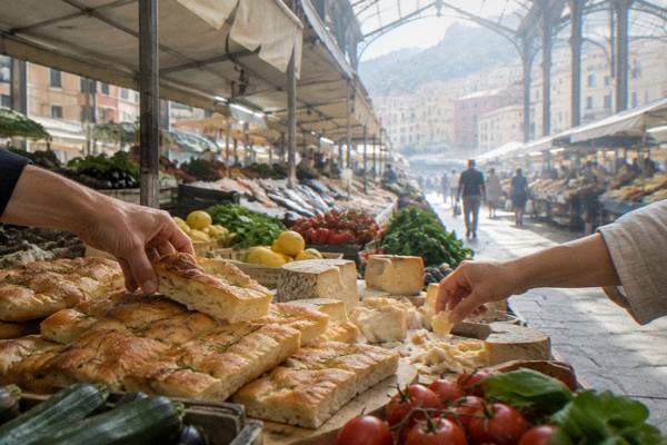 Hands reaching for slices of focaccia and cheese on a market counter piled with fresh produce, only hands and food in the frame, Mercato Orientale