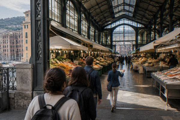 A small walking group at the entrance of a covered food market hall behind a guide, stalls piled with fruit and fish inside, Mercato Orientale
