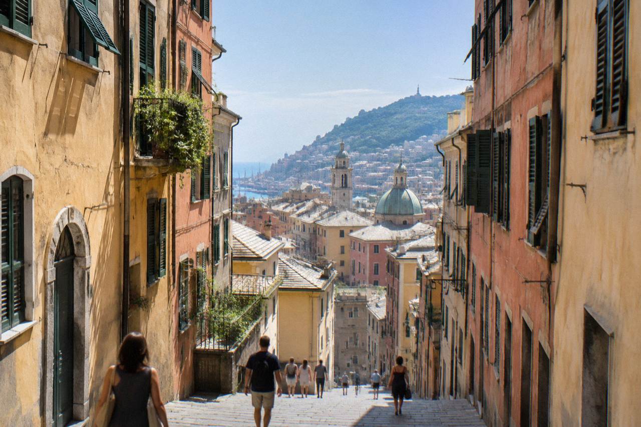 A narrow old town lane in Genoa with tall painted buildings on both sides and people walking in daylight