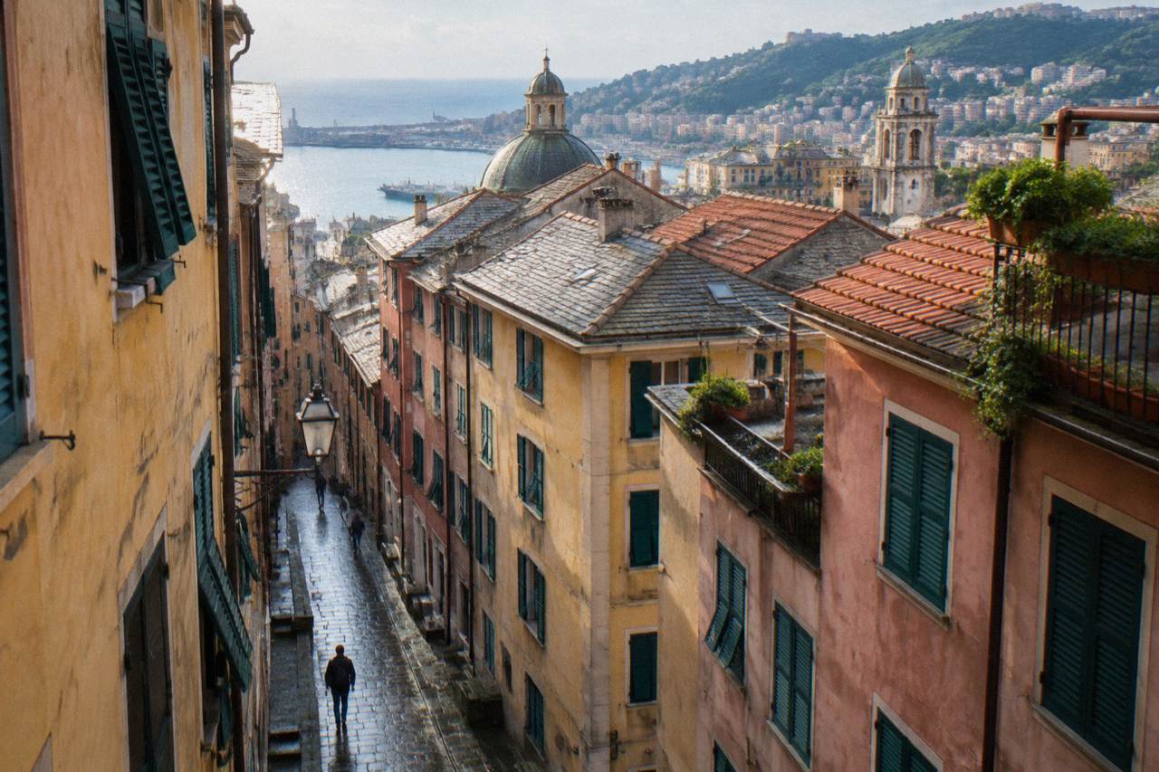A narrow paved lane in the old town of Genoa lined with tall shuttered buildings
