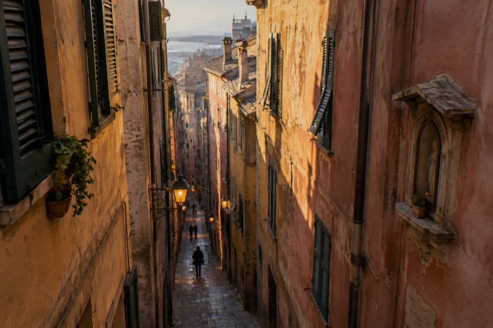 A narrow caruggi alley in Genoa's medieval old town with tall stone buildings on both sides