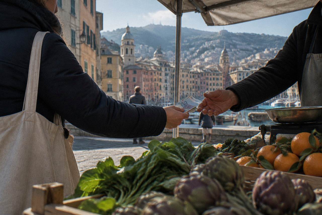A shopper handing euro banknotes to a vendor at a market stall in an Italian port city