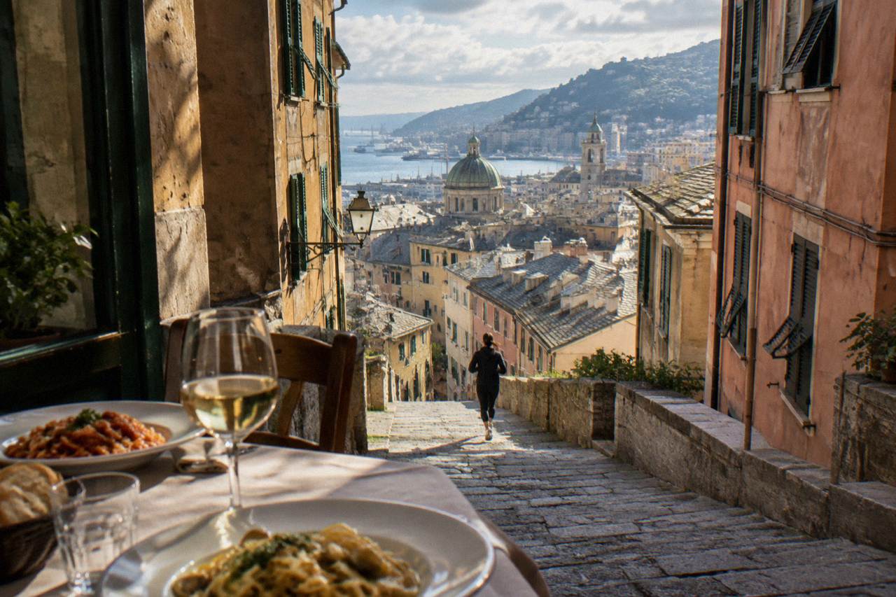 A table set for lunch in an old Genoa dining room with plates of pasta and a glass of white wine
