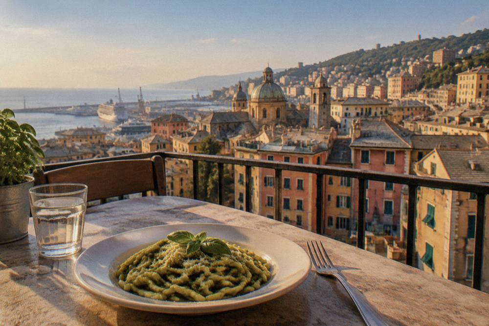 Fresh trofie pasta with green pesto served on a plate beside a fork and a glass of water