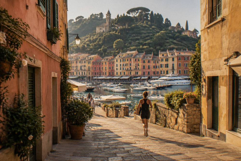 A narrow street in Portofino with pastel-coloured houses and shops leading down towards the harbour