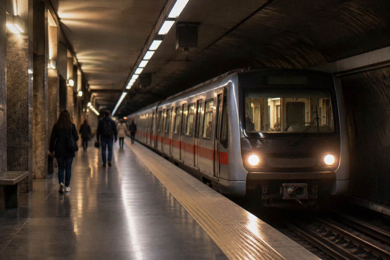 A Genoa metro train at an underground station platform in the city centre