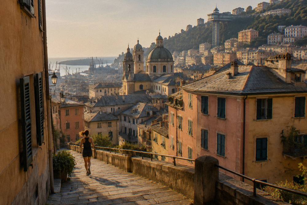 The Castelletto lift and hillside houses above the rooftops of central Genoa