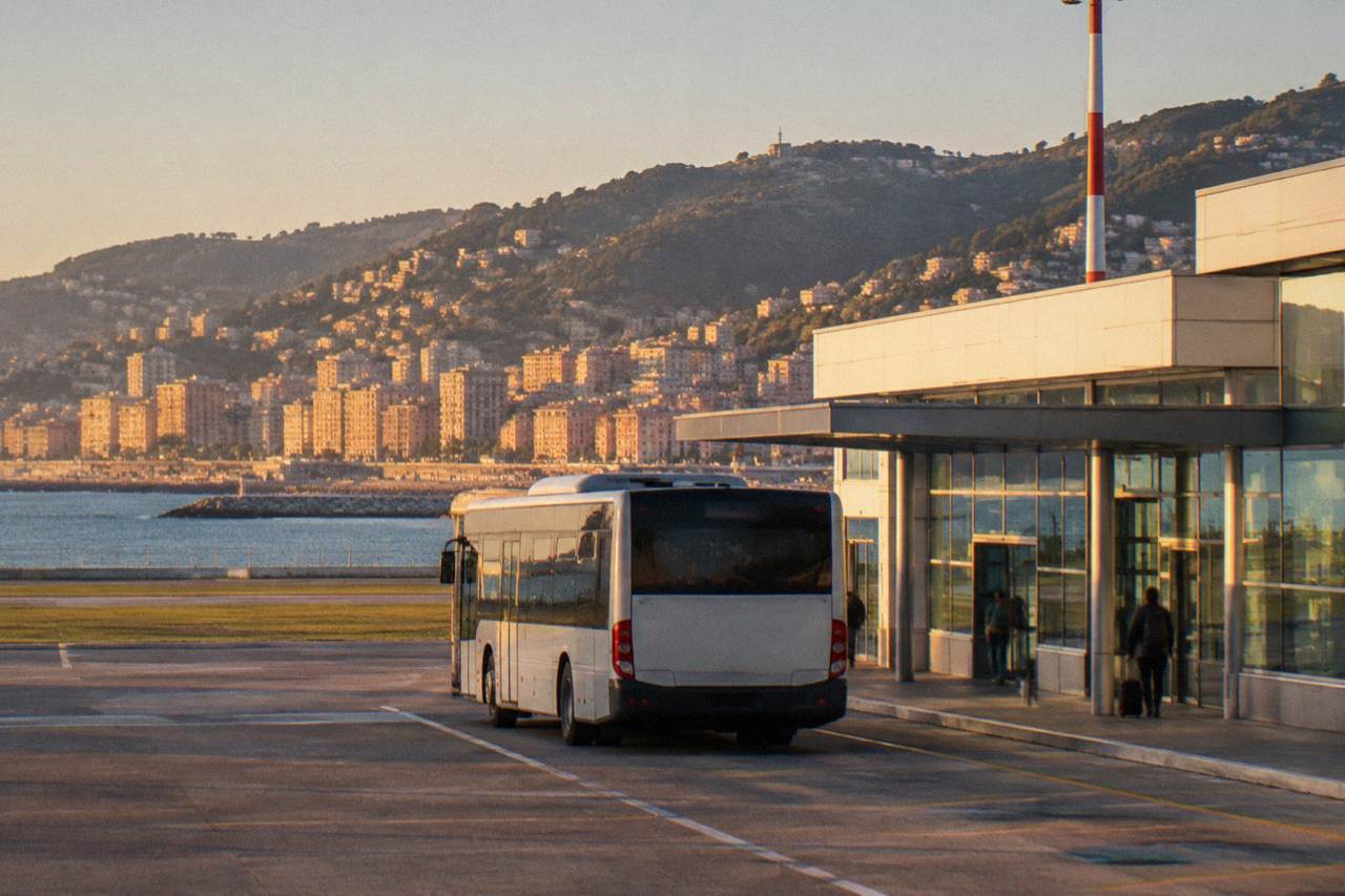 A bus waiting on the forecourt outside a small Italian airport terminal building
