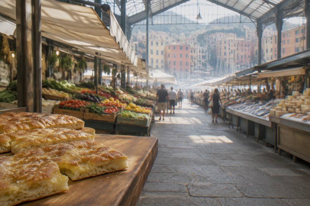 Golden focaccia bread with olive oil and sea salt on a wooden counter