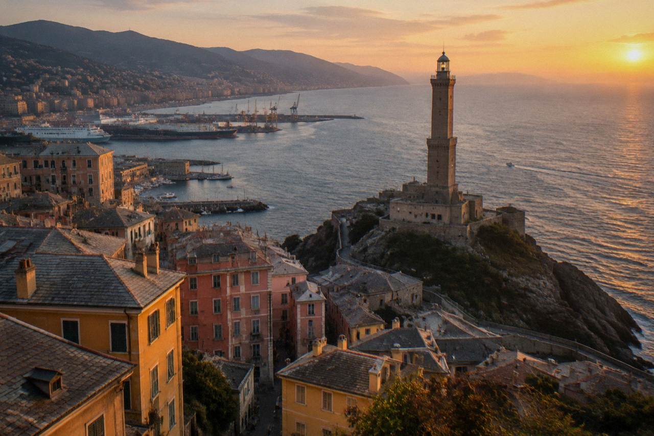 The Lanterna lighthouse of Genoa standing on its rocky promontory above the harbour at dusk