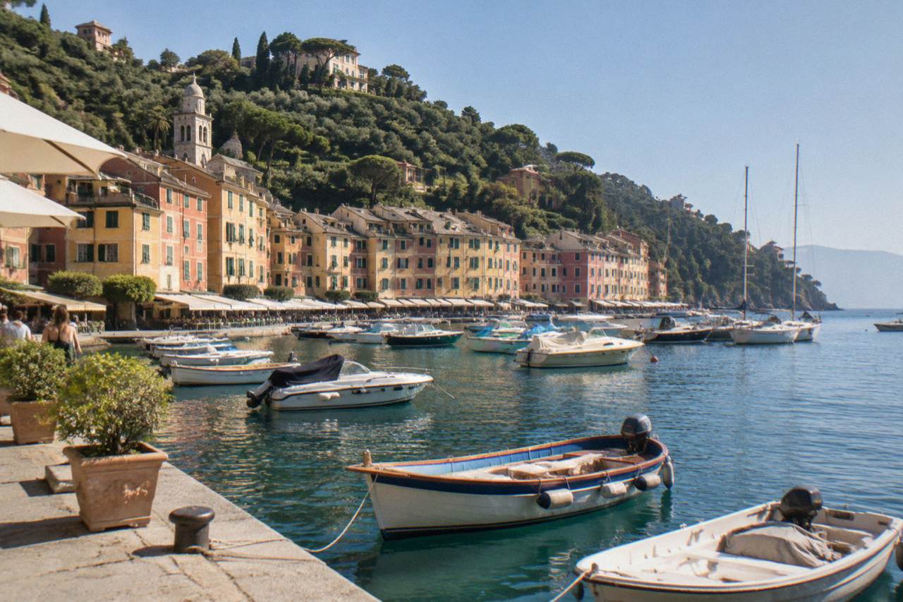 Colourful houses rising above the small harbour of Portofino with fishing boats moored in the bay