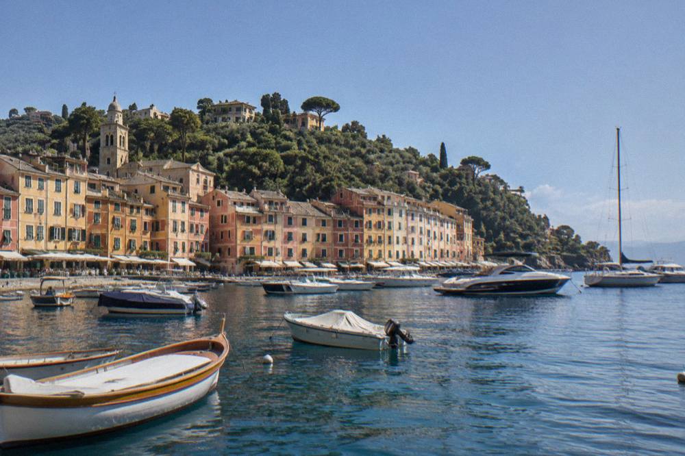 Boats moored in Portofino bay with the village waterfront and wooded headland behind them
