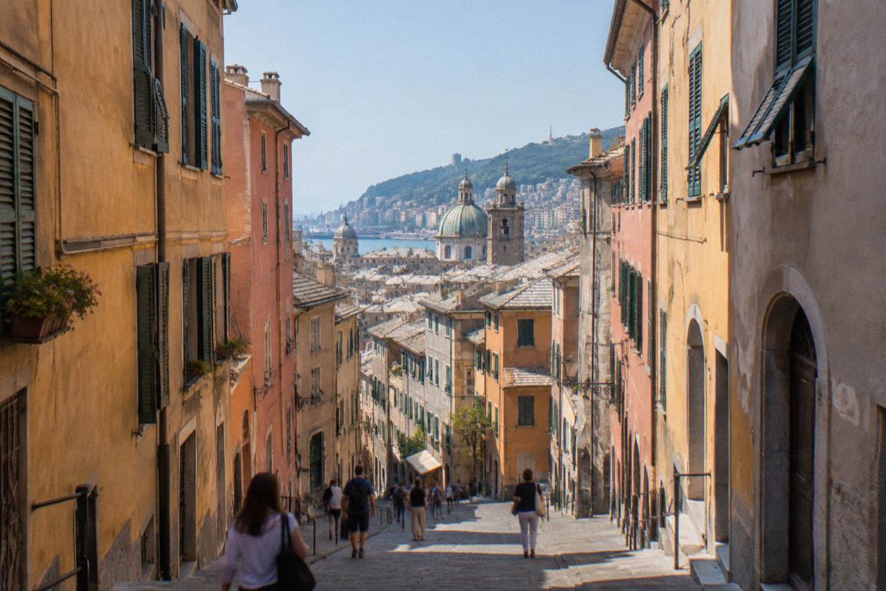 A narrow old-town street in Genoa with tall painted buildings on both sides and people walking through morning shade