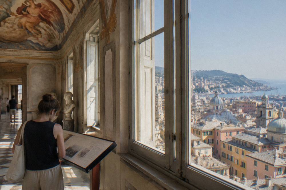 A visitor reading a museum information panel in a Genoa palace gallery with frescoed ceilings above