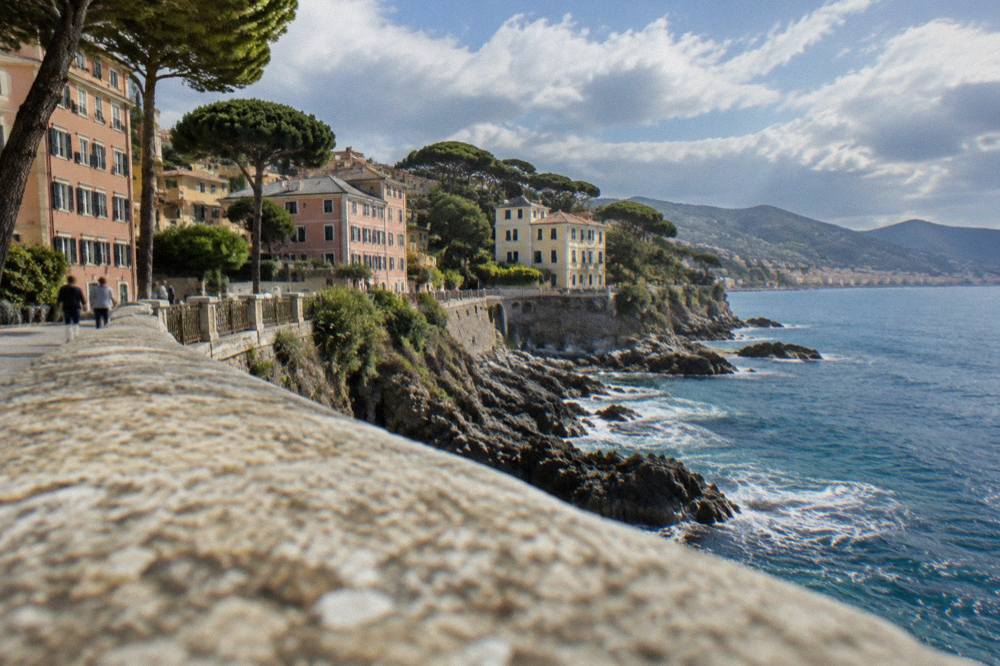 Seafront promenade at Nervi with the cliff-top walk and the blue Ligurian Sea beyond