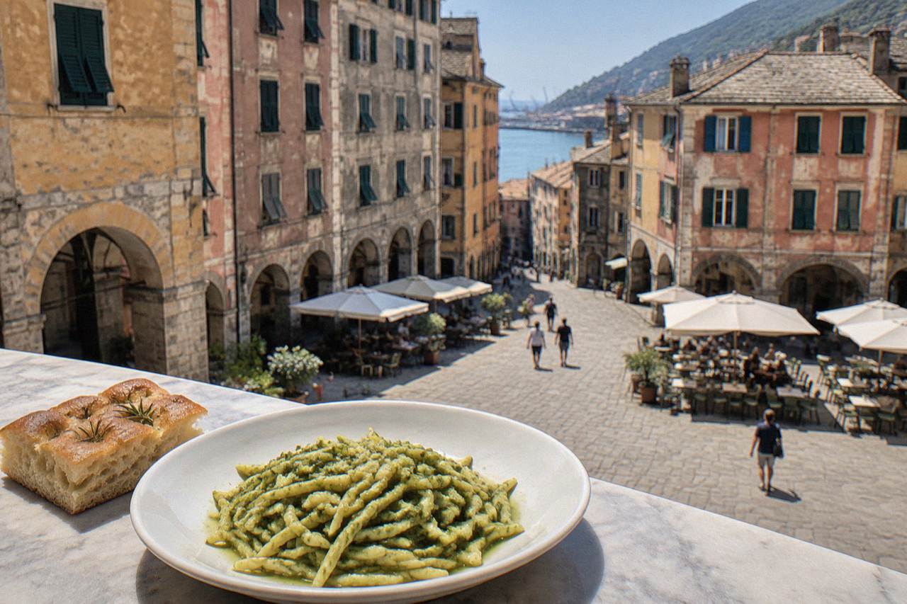 A plate of trofie pasta with green pesto beside a square of golden focaccia on a marble counter