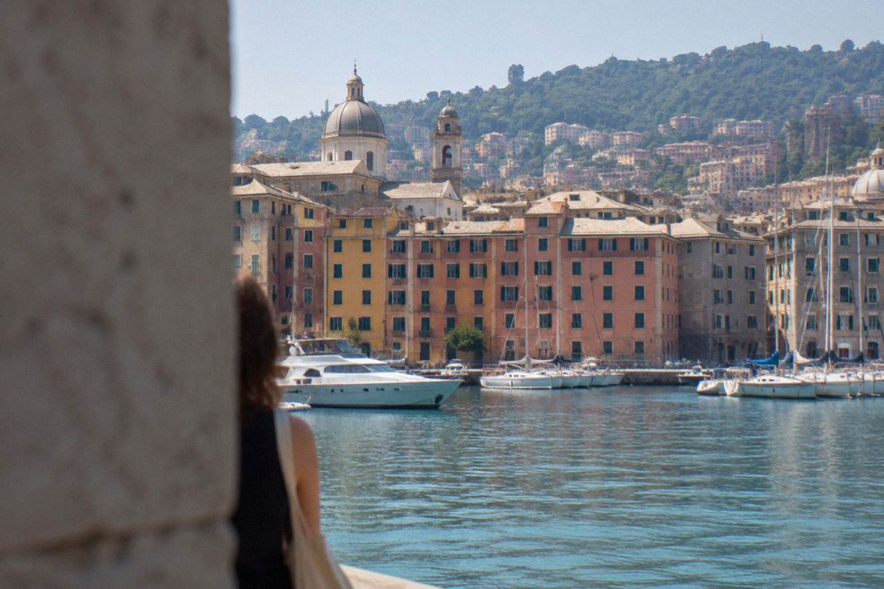 The harbour of Genoa seen from the water, with hills rising behind the rooftops