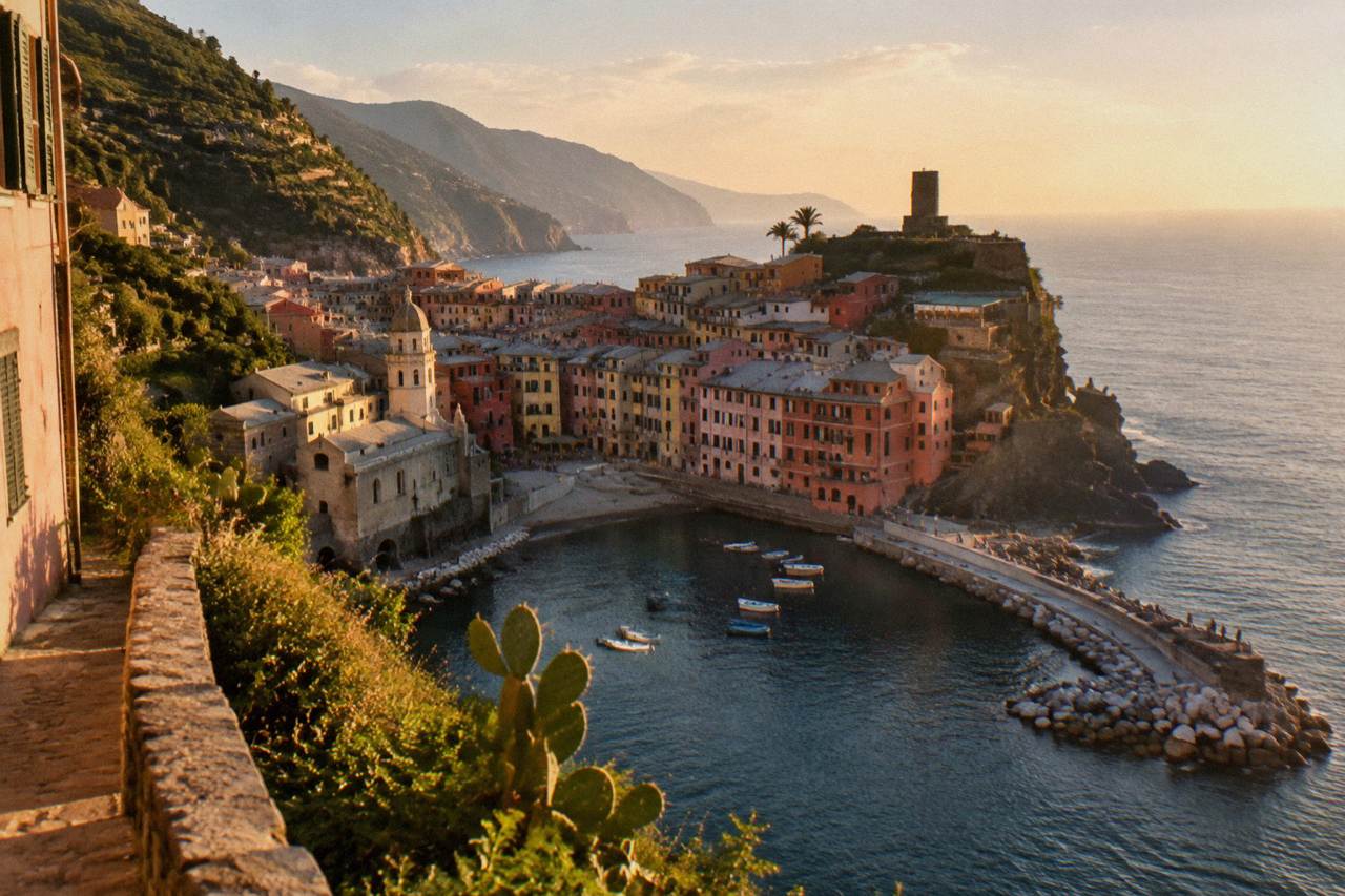 Colourful cliffside houses above a small harbour on the Ligurian coast