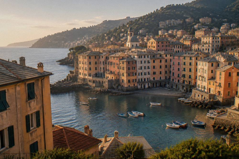 Pastel-coloured buildings above a small rocky bay with fishing boats in Genoa