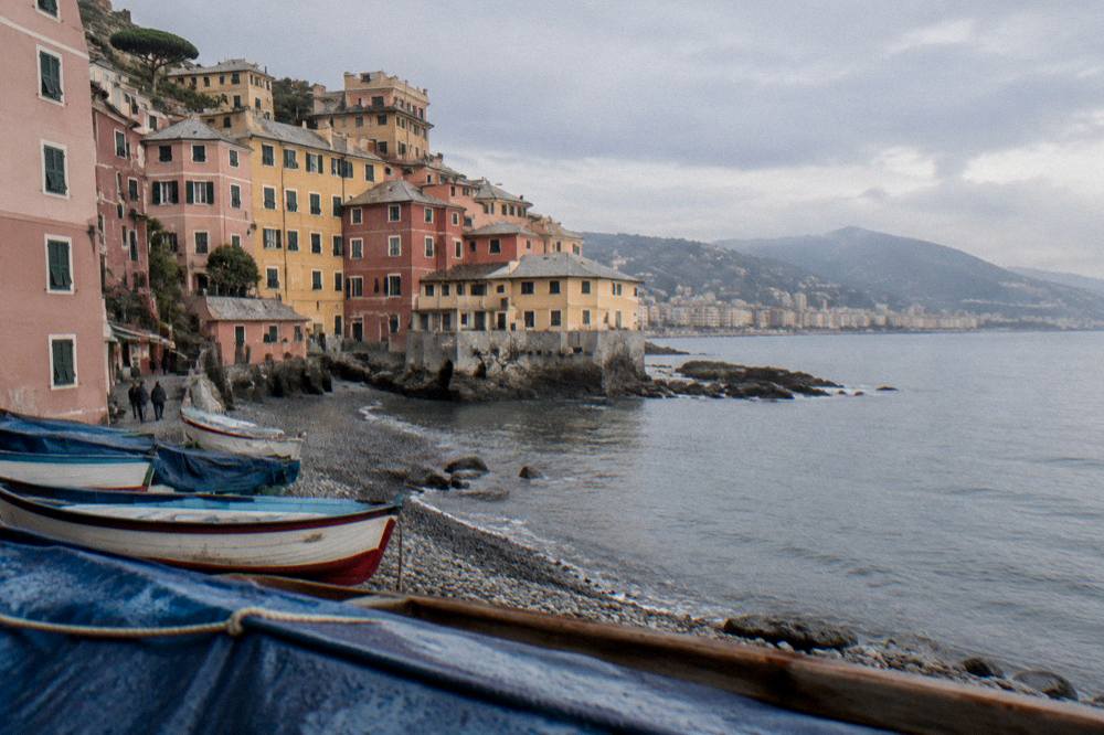 View along the coast from above Boccadasse toward the eastern Genoa seafront
