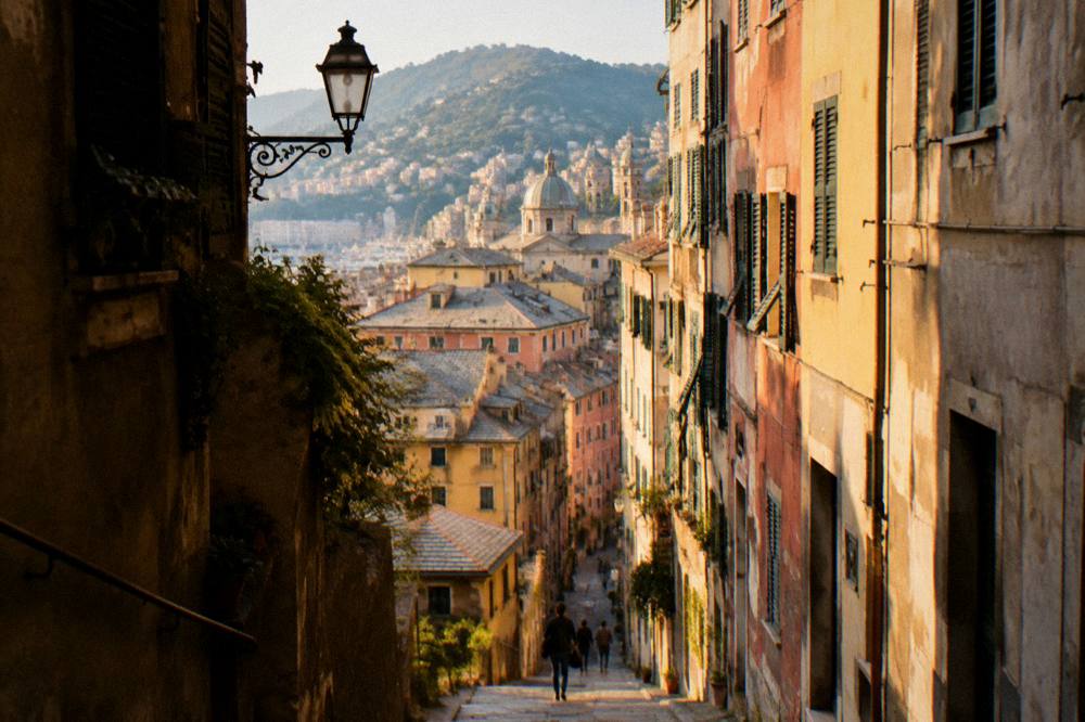 A narrow medieval street between tall weathered buildings in an old Italian city centre