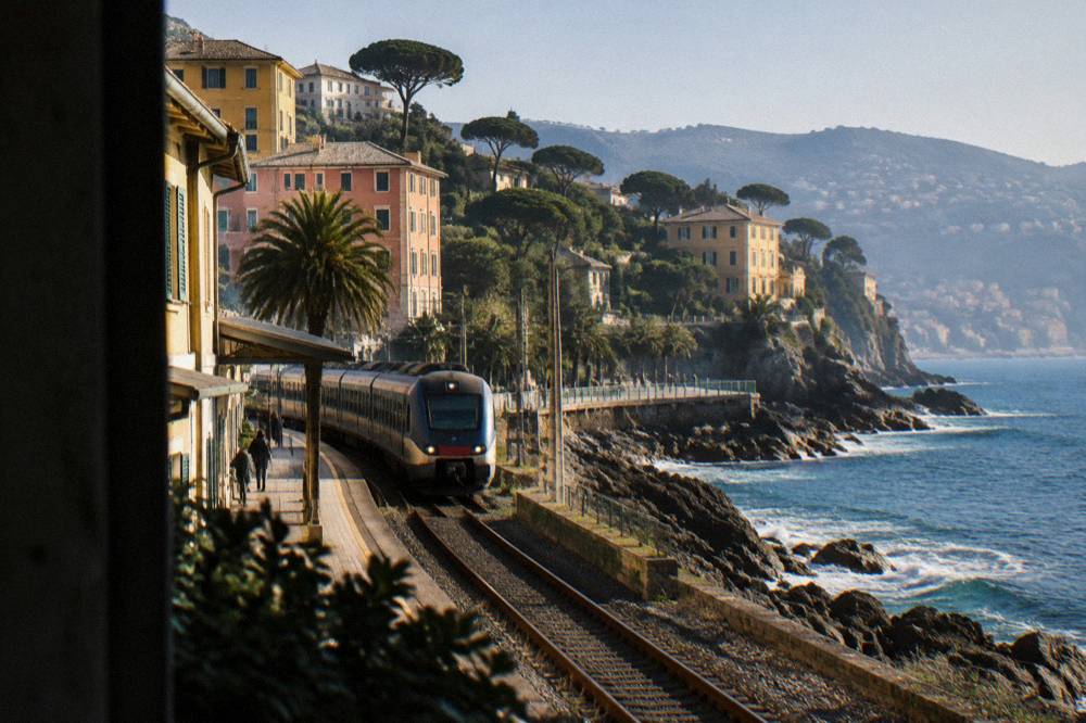 A regional train arriving at a small seaside railway station beside palm trees and a promenade