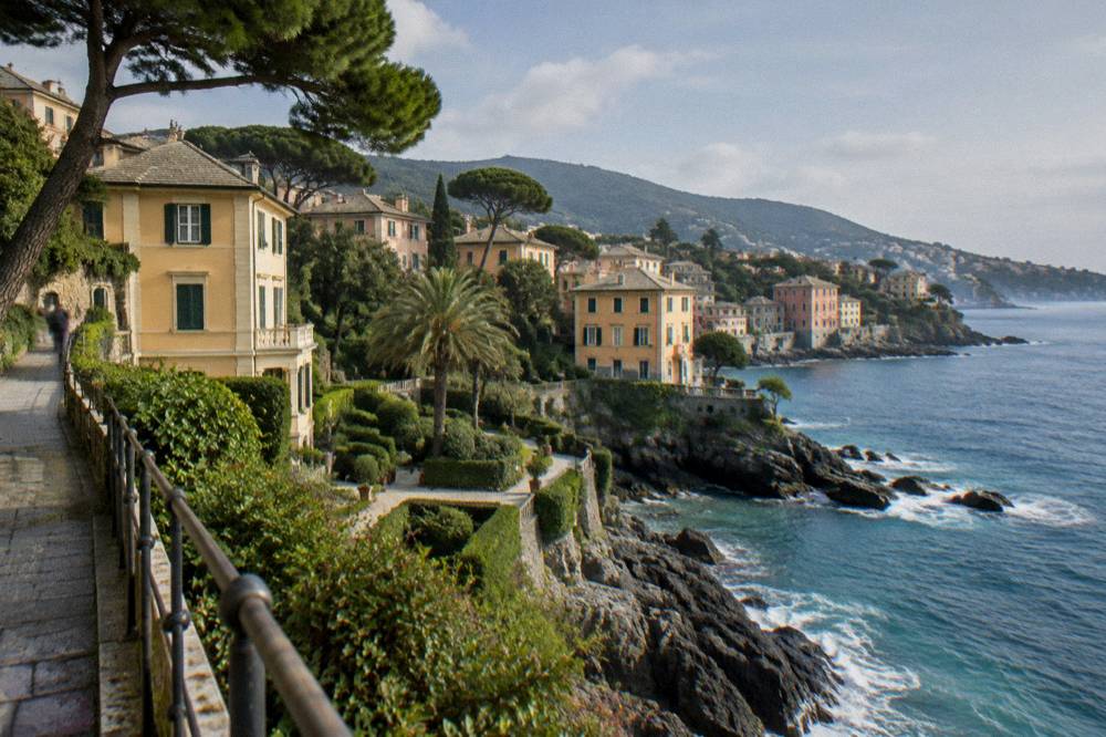 Formal garden terraces with clipped hedges, tall palm trees and gravel paths sloping towards the sea