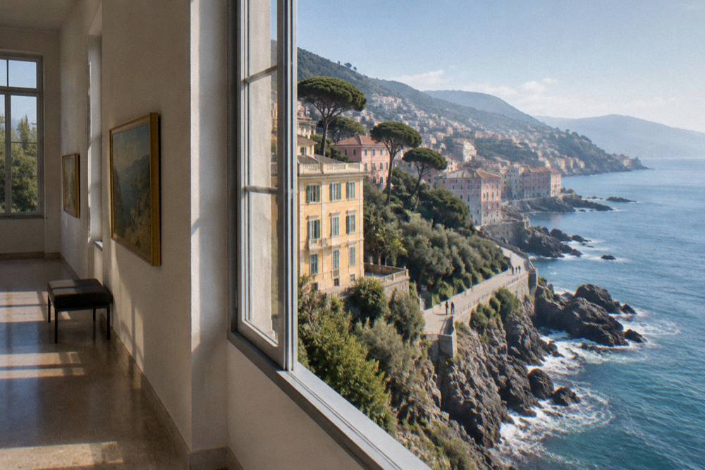Gallery interior with paintings hung on pale walls and tall windows overlooking gardens