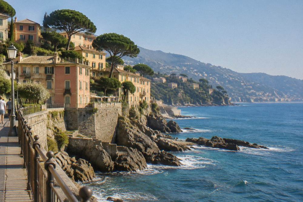 A seaside suburb on a rocky coast with a cliff-top promenade, tall pastel villas among umbrella pines and clear blue water breaking on rocks below