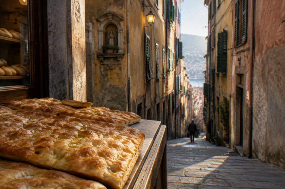 Freshly baked focaccia flatbread with olive oil and coarse salt on a bakery counter