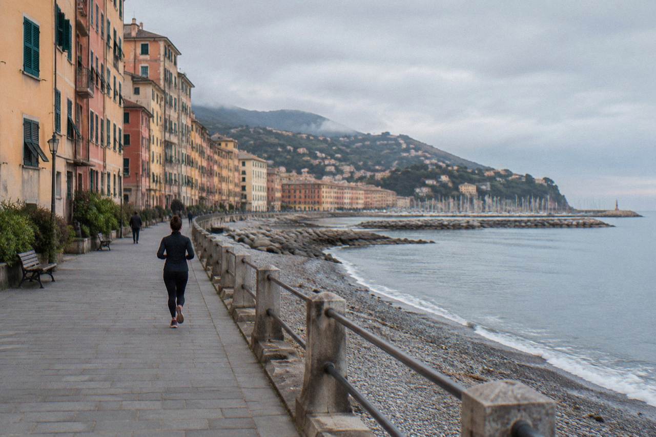 A seafront promenade on the Ligurian coast with apartment buildings above a rocky shoreline