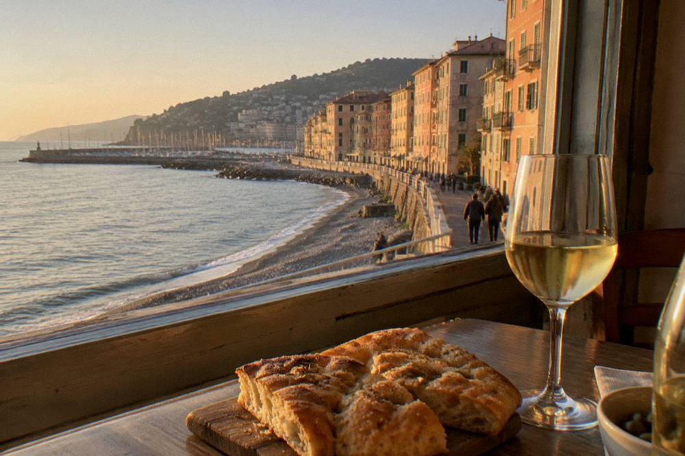 A table with focaccia bread and white wine beside a window overlooking the sea