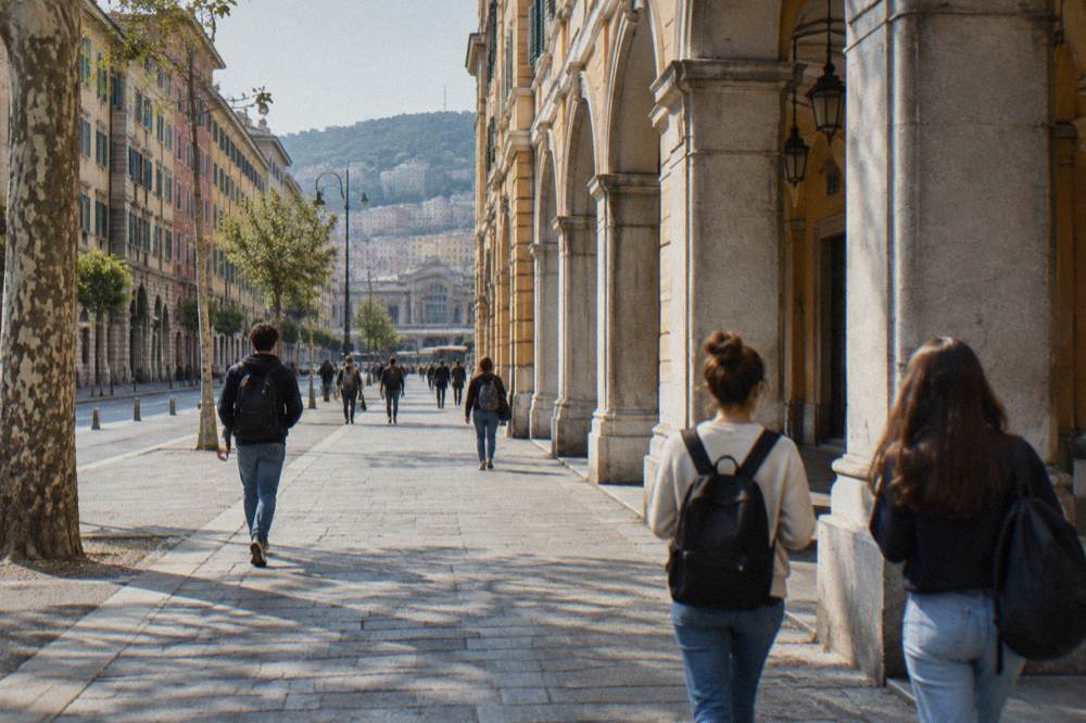 Students walking past a stone arcade in an Italian university quarter