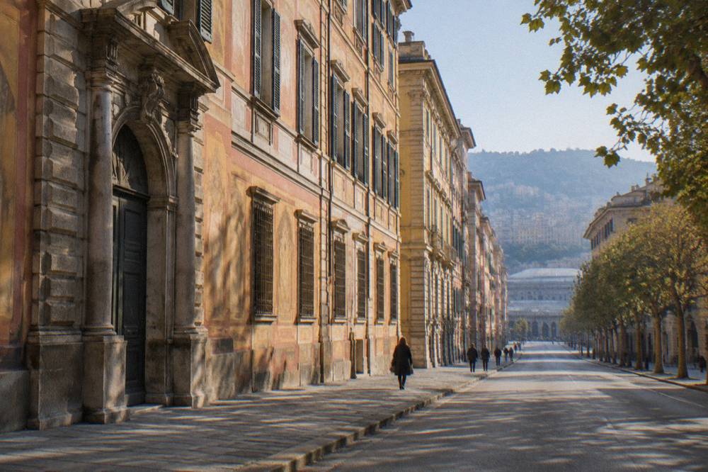 A row of grand renaissance palaces with painted facades along a city street