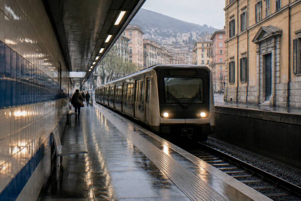 A metro platform with a train arriving beside a tiled station wall