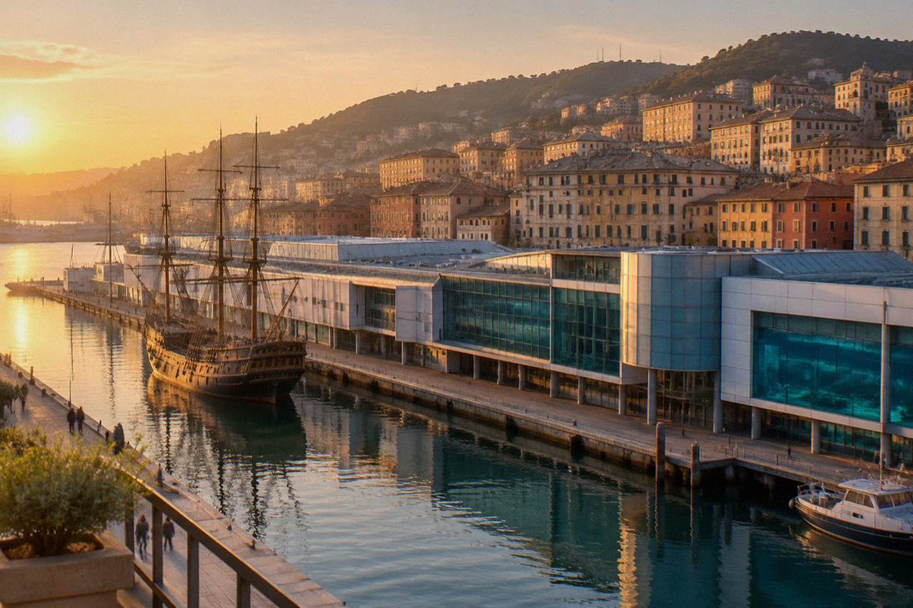 The Aquarium of Genoa building on the old harbour with ships moored along the pier
