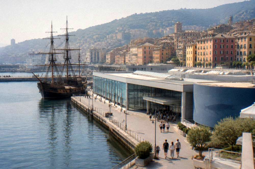 Visitors walking along the waterfront promenade toward the Aquarium of Genoa entrance