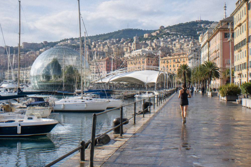 The glass Biosfera sphere standing on the Porto Antico waterfront in Genoa