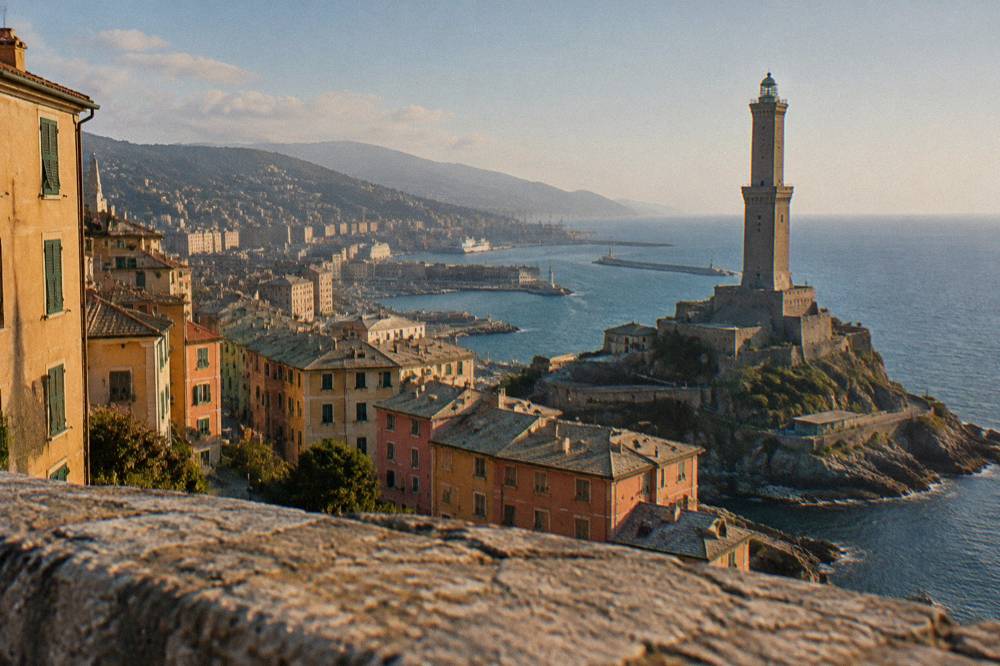 The Lanterna lighthouse of Genoa standing at the mouth of the harbour